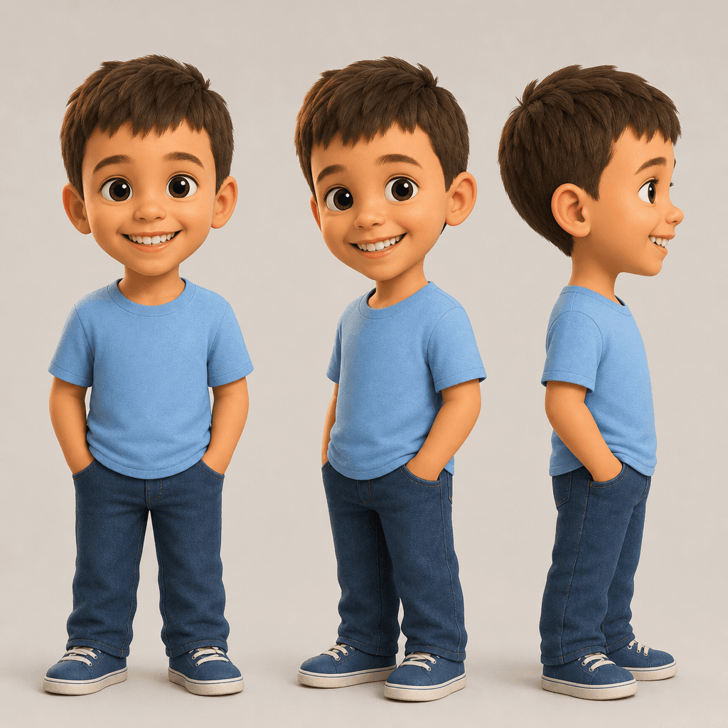 Hoja de personaje: tres vistas consistentes del mismo personaje